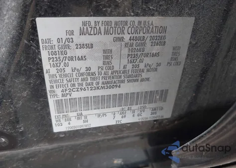 2003 Mazda Tribute Es V6 from USA, damaged, VIN 4F2CZ96123KM30094